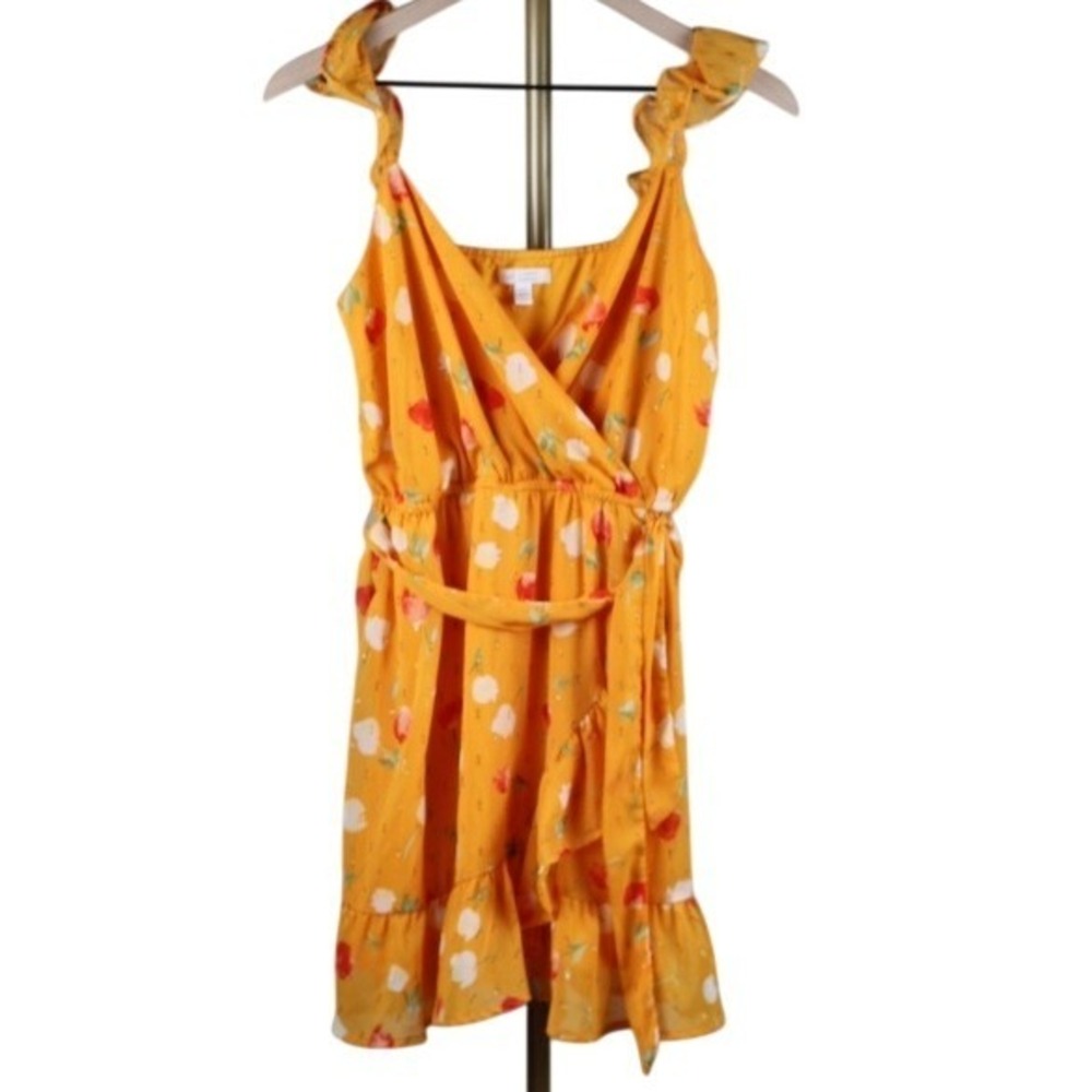 LC Lauren Conrad Yellow Floral Metallic Clip Dot Ruffle Wrap Dress Petites PM
